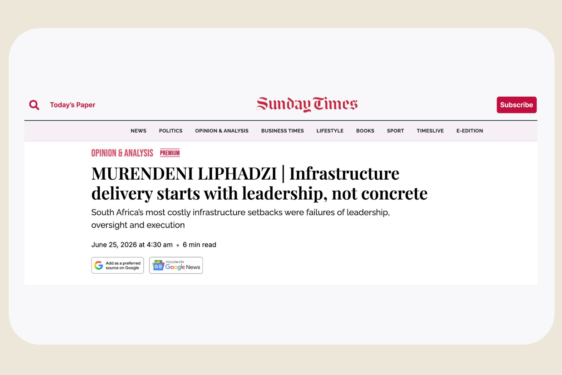 Academic Thought Leadership - Dr Murendeni Liphadzi on Sunday Times - June 2026